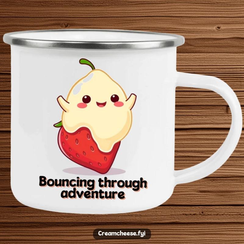 Funny camping mug with a playful cream cheese blob happily bouncing on a strawberry, perfect for outdoor humor.