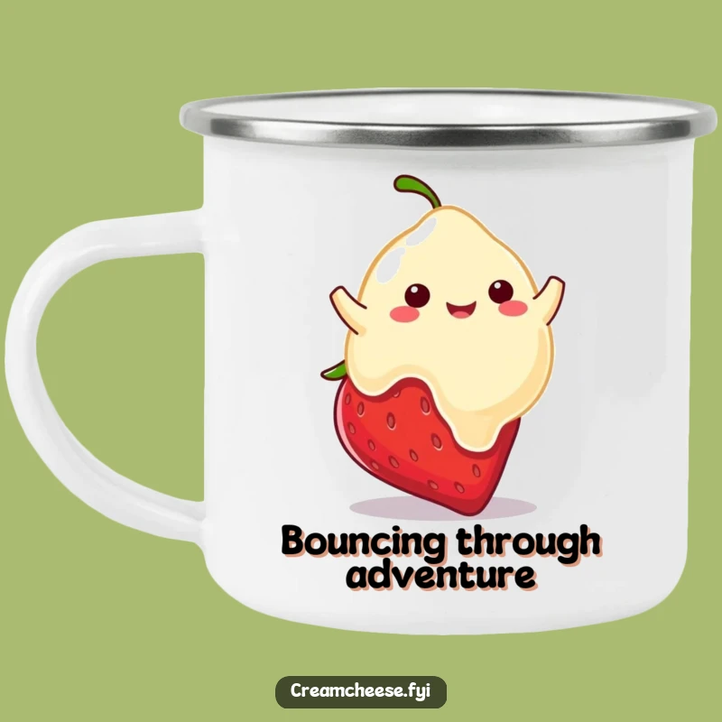 Funny Cream Cheese Blob Camping Mug: Bouncing Strawberry, Outdoor Hilarious Drinkware Gift