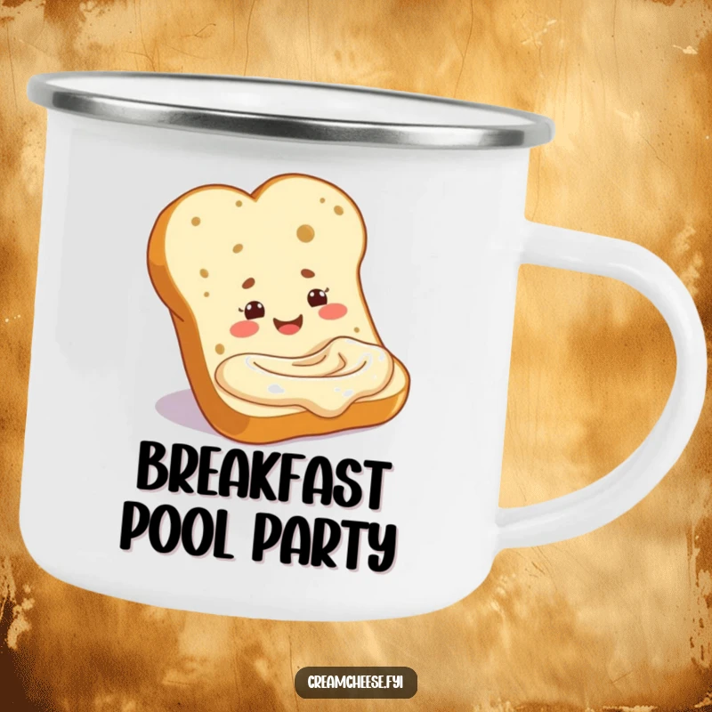 Funny baguette slice dipping into cream cheese, designed for a camping mug. A humorous and rugged accessory, perfect as a funny gift.