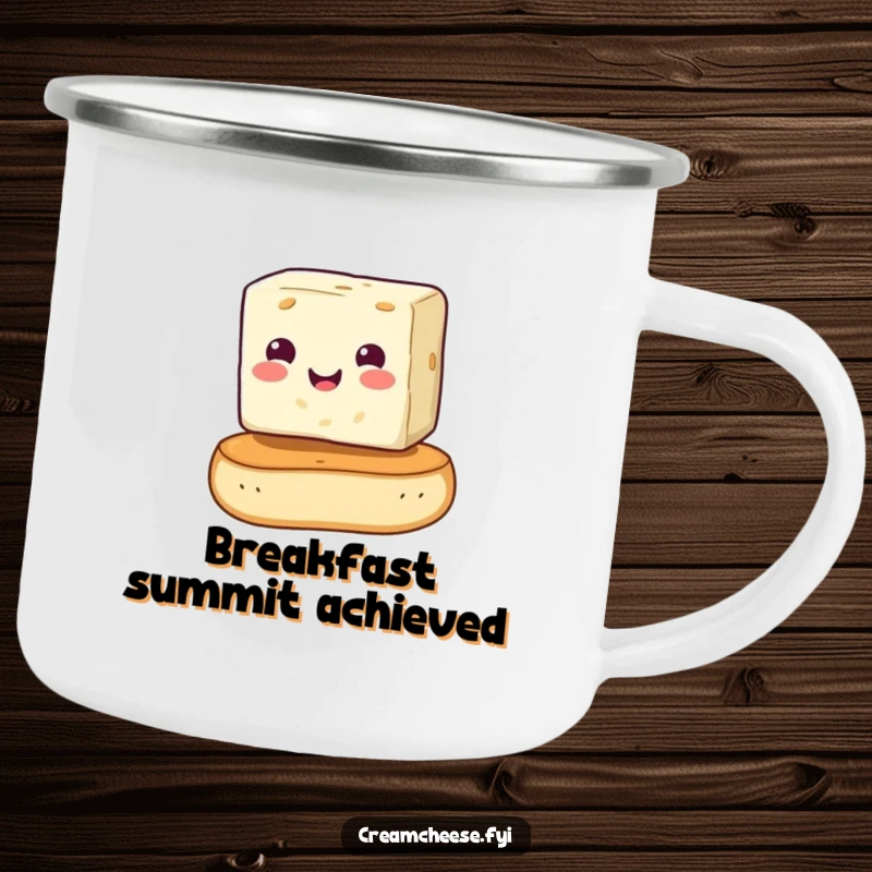 Funny cream cheese cube balancing on a bagel, designed for a camping mug. A humorous and rugged accessory, perfect as a funny gift.