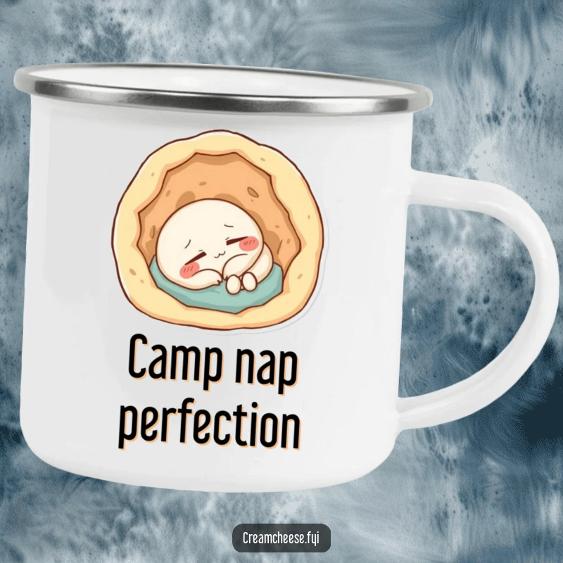 Funny Camping Mug: Content cream cheese character napping inside a doughy hole, perfect for outdoor relaxation.