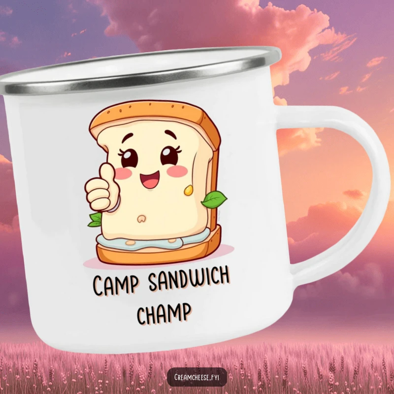 Funny Camping Mug: Happy cream cheese character giving a thumbs-up from a deconstructed sandwich, for outdoor meals.