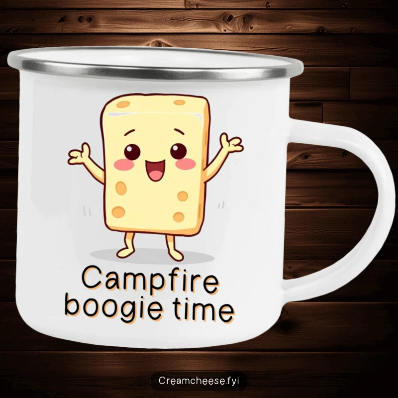 Funny camping mug featuring a cream cheese block character doing a silly dance, durable and fun for outdoor beverage enjoyment.
