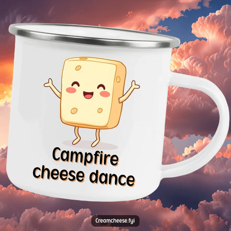 Funny Camping Mug: A cheerful block of cream cheese with tiny legs dances a jig, perfect for enjoying drinks outdoors with a smile.