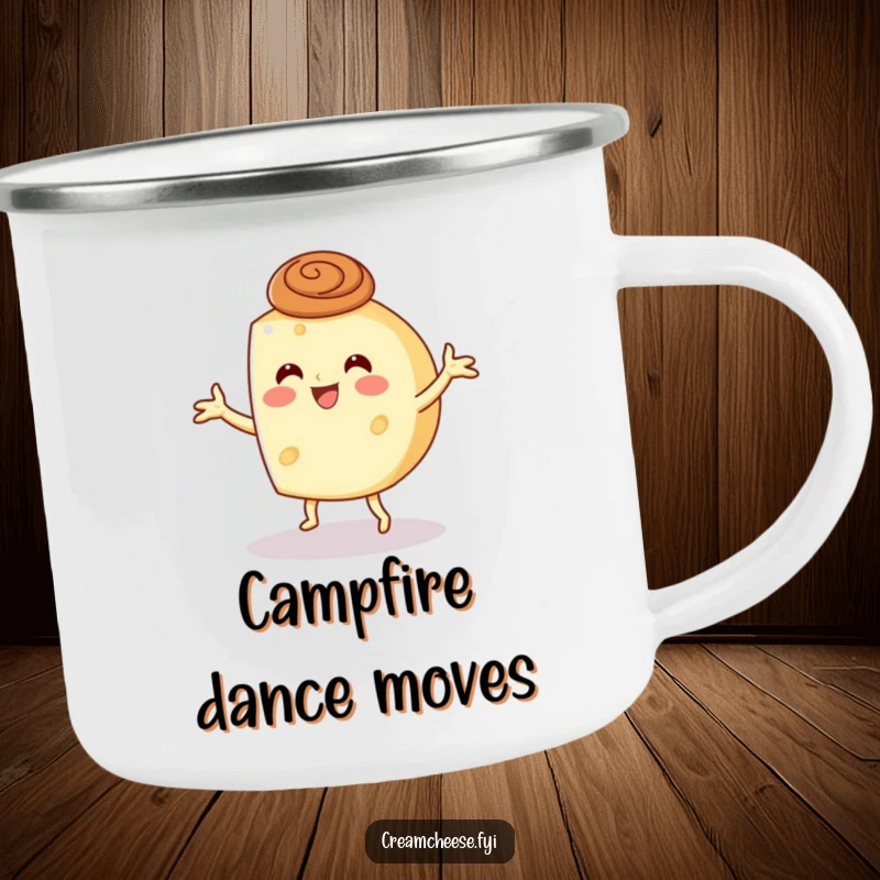 Funny cream cheese wheel dancing with a cinnamon swirl hat on a durable camping mug, bringing smiles outdoors.