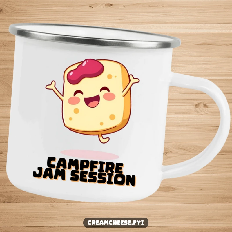 Funny cream cheese slice camping mug doing a joyful cartwheel with a dollop of jam, durable and ready for adventure.