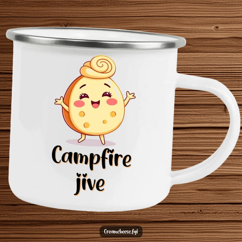 Funny camping mug showing a cream cheese wheel dancing merrily, wearing a cinnamon swirl hat, ideal for cheerful outdoor drinks.