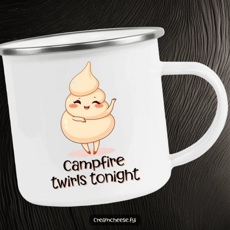 Funny Cream Cheese Swirl Pirouette Camping Mug: A playful cream cheese swirl winks and spins gracefully, ready for outdoor fun.