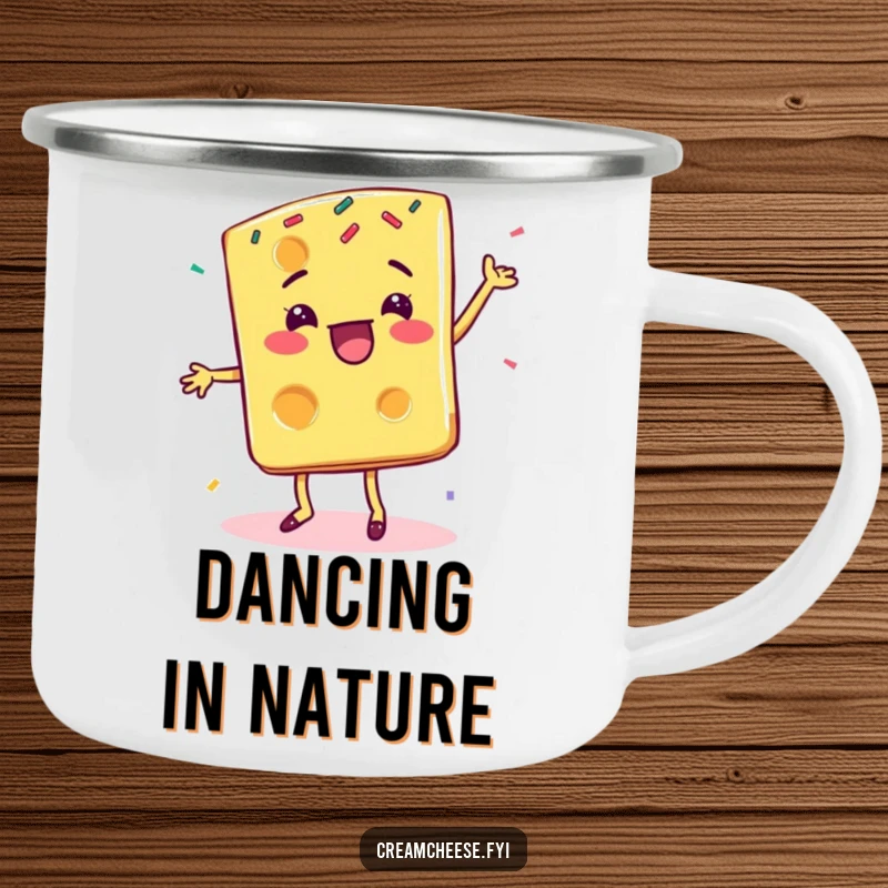 Funny cheese slice camping mug, showing a delighted character doing a happy dance surrounded by sprinkles, for adventurers.