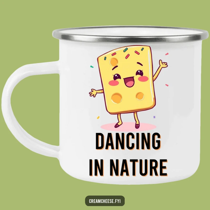 Funny Cheese Slice Camping Mug: Happy Sprinkle Dance Outdoors