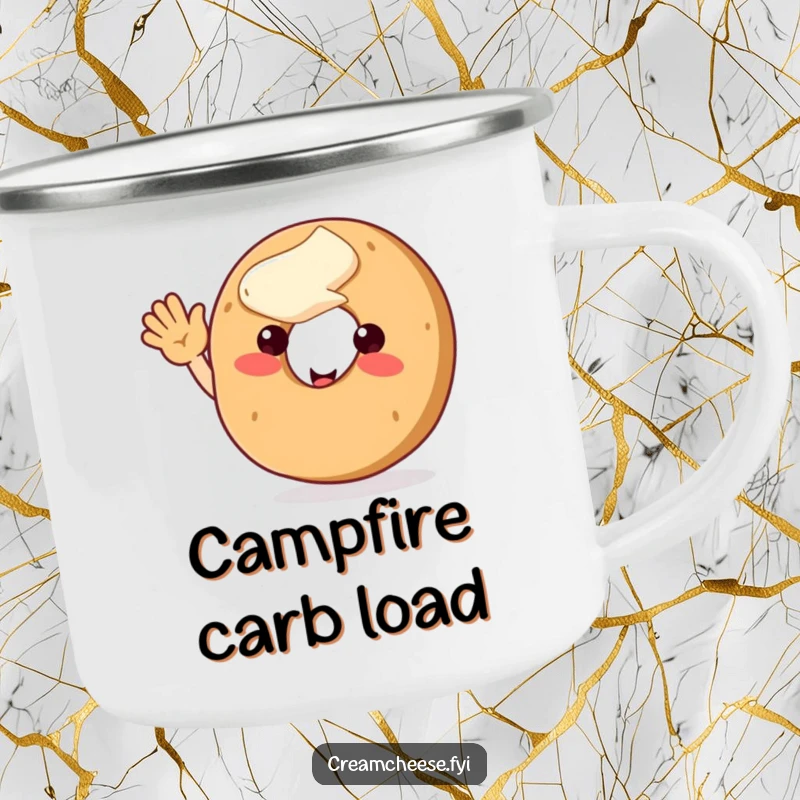 Funny bagel character with cream cheese topping, waving enthusiastically, bringing a friendly and humorous vibe to your camping gear.