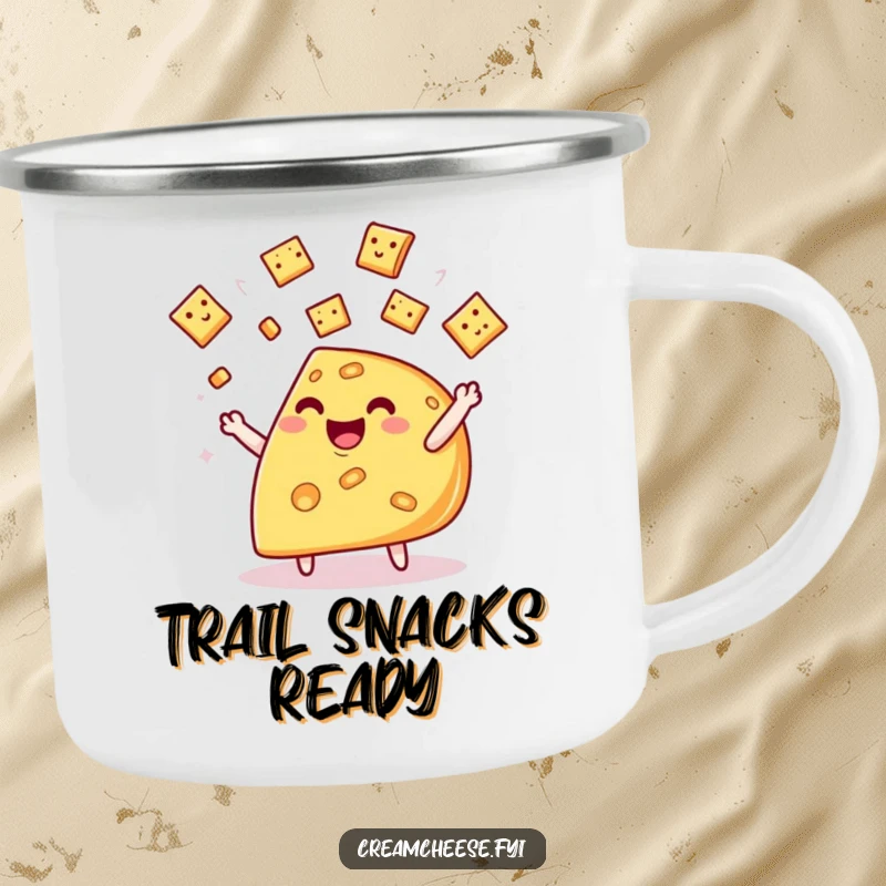 Funny cheese wedge camping mug, showing a happy wedge character juggling crackers, ideal for outdoor fun.