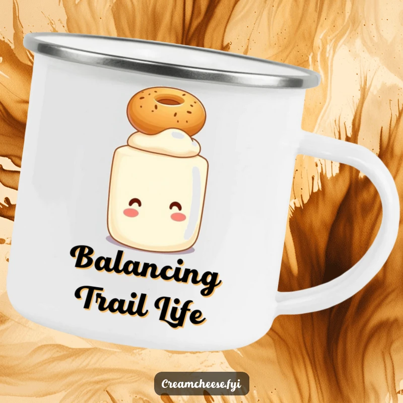 Funny camping mug showing a cream cheese tub character balancing a tiny bagel on its head, ideal for outdoor fun.