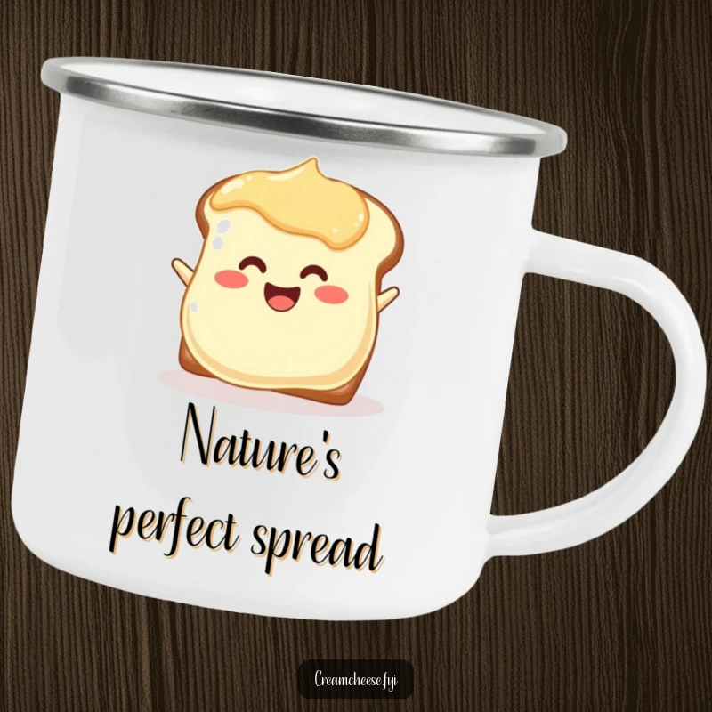 Funny joyful cream cheese blob camping mug enthusiastically spreading onto toast, for cheerful outdoor moments.