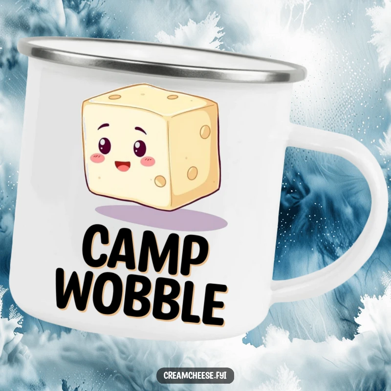 Funny Cream Cheese Camping Mug showing a wobbly cream cheese cube wobbling precariously, perfect for outdoor foodies.