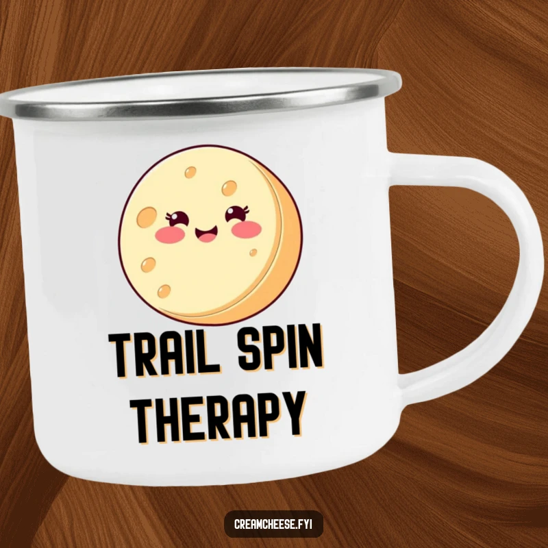 Funny Camping Mug: A smiling round cream cheese wheel spins joyfully on its side, perfect for enjoying drinks outdoors with a happy vibe.