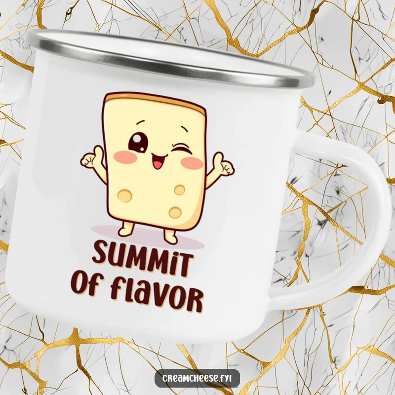 Funny camping mug showing a winking cream cheese wedge doing a triumphant pose, ideal for outdoor food lovers.