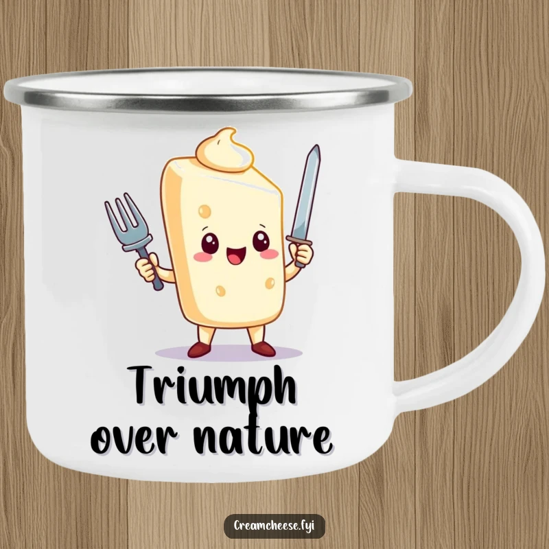 Funny cream cheese camping mug with a triumphant character holding a fork sword, durable for outdoor use, perfect funny gift.