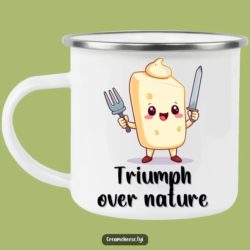 Funny Cream Cheese Camping Mug: Triumphant Hero, Durable & Ready for Adventure