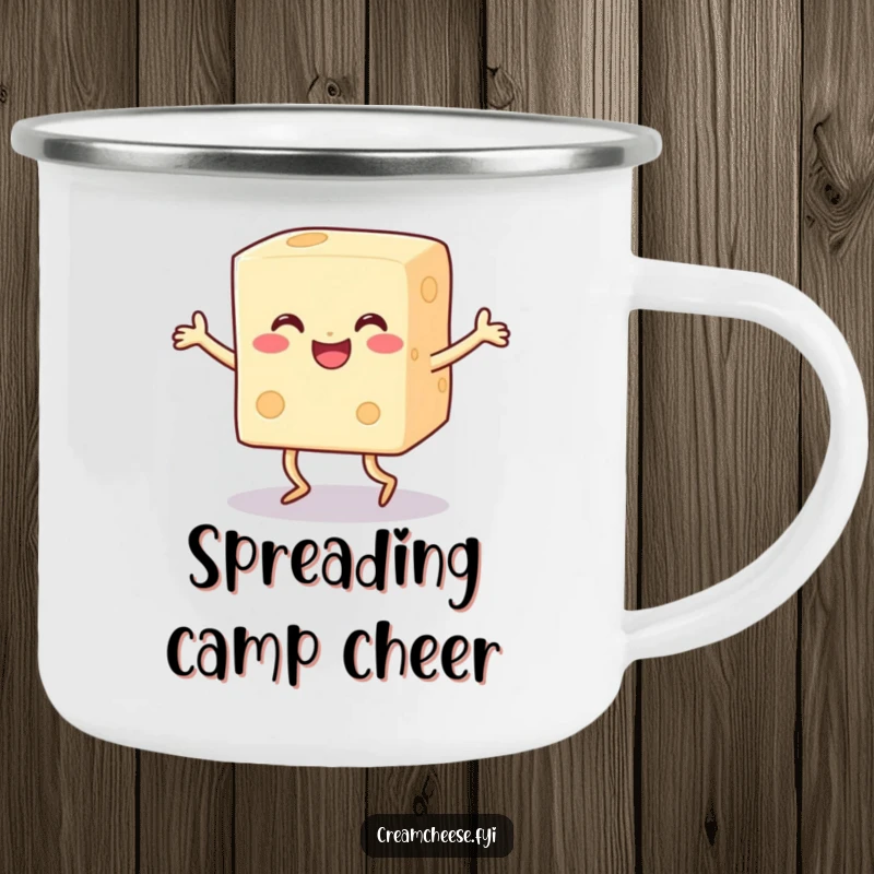 Funny happy cream cheese block with legs doing a joyful dance on a sturdy camping mug, perfect for outdoor foodies.