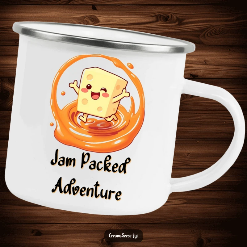 Funny camping mug showing a cream cheese block character leaping joyfully through a jam swirl, ideal for rugged outdoor fun.