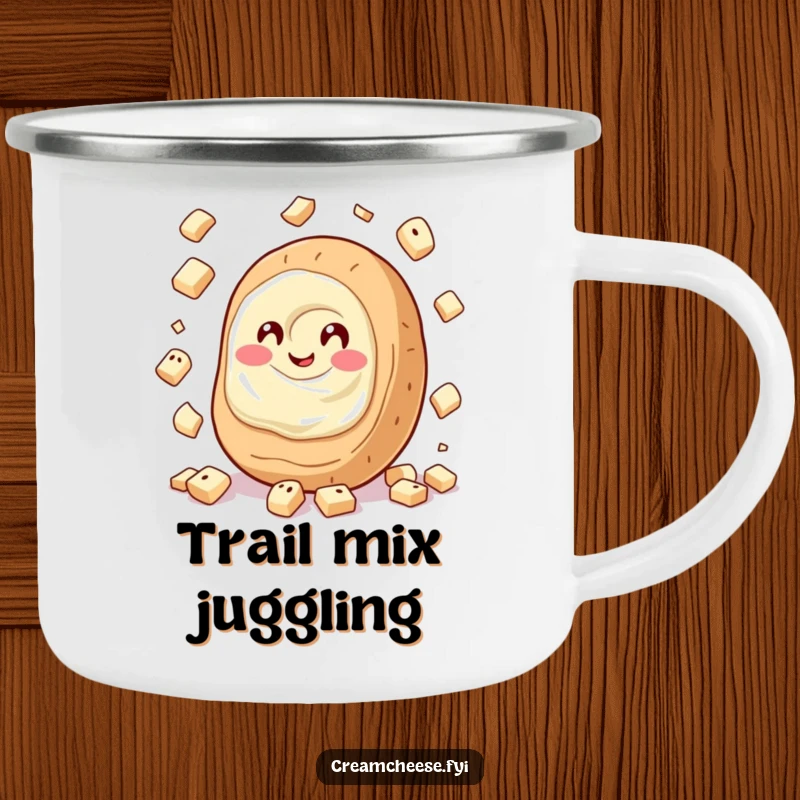 Funny Cream Cheese Camping Mug featuring a giggling cream cheese spread juggling small bagel pieces, durable and humorous for the outdoors.