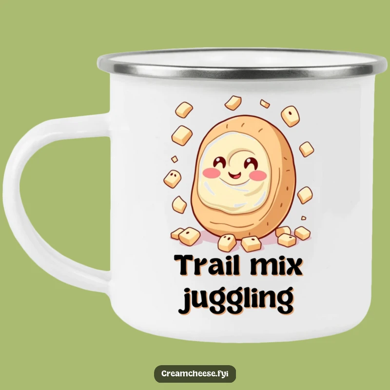 Funny Cream Cheese Juggling Bagels Camping Mug: Giggling Spread Outdoor Gift
