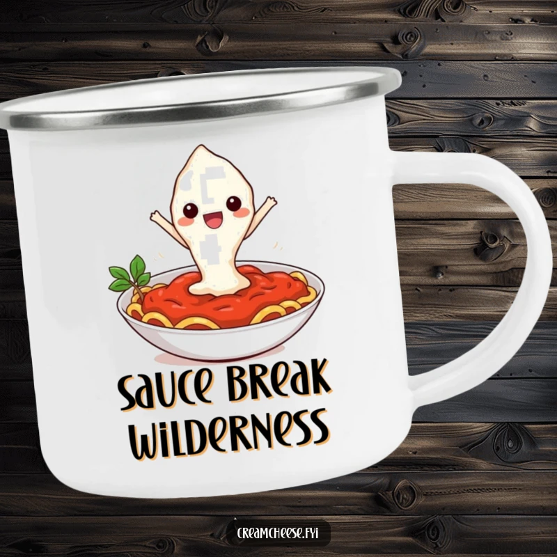 Funny camping mug with a cream cheese dollop leaping into pasta sauce, designed for outdoor lovers who enjoy humor.
