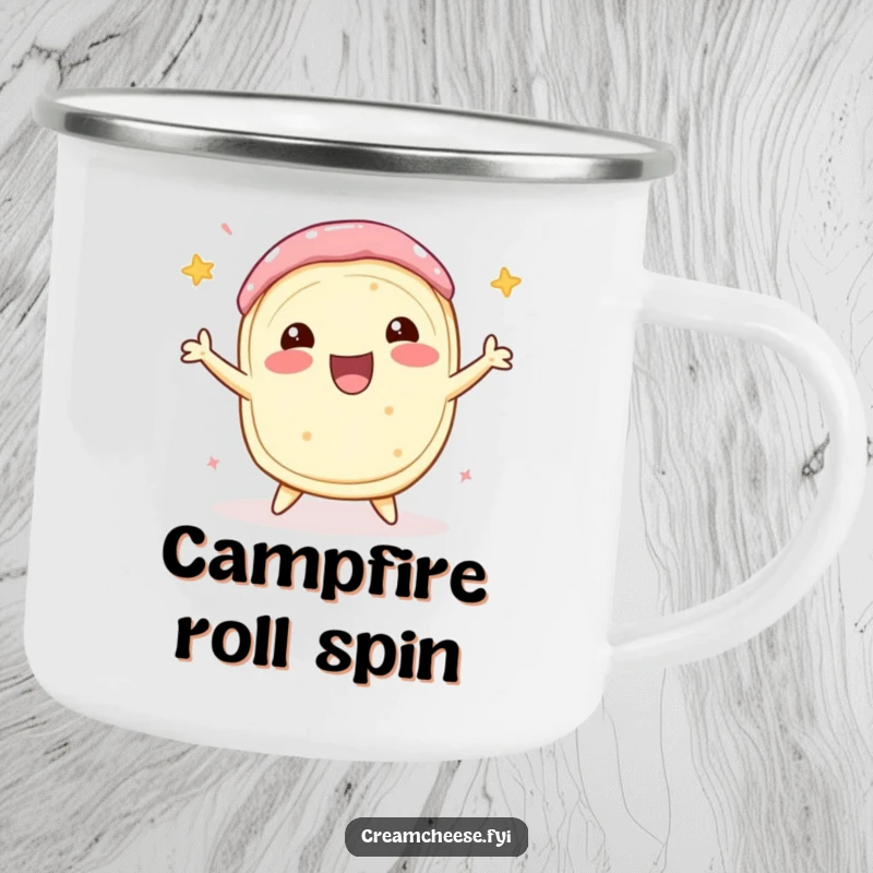 Funny Cream Cheese Camping Mug featuring a delighted cream cheese roll doing a celebratory spin, durable and perfect for festive outdoor moments.