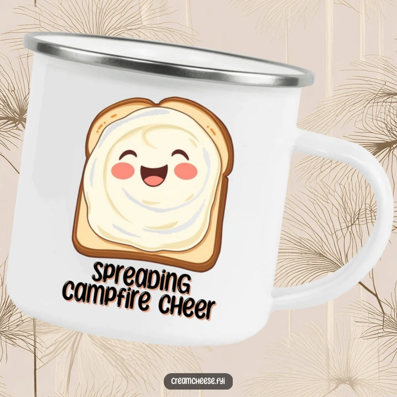 Funny camping mug with a delighted cream cheese smear spreading over toast, perfect for enjoying drinks outdoors with humor.