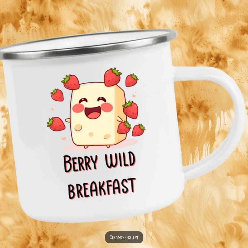 Funny cream cheese block juggling strawberries, designed for a camping mug. A humorous and rugged accessory, perfect as a funny gift.