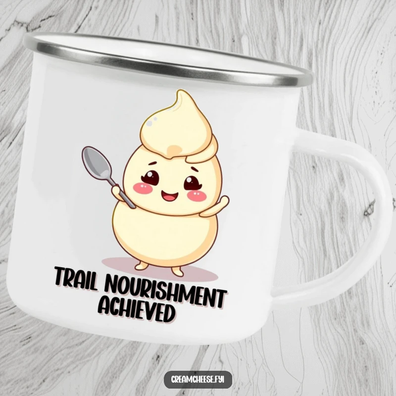 Funny cream cheese swirl camping mug, a cheerful character balancing a tiny spoon, ideal for outdoor fun.