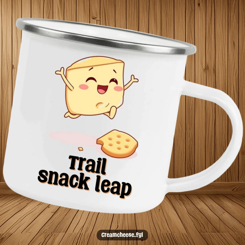 Funny camping mug showing a cream cheese wedge energetically leaping over a cracker, perfect for adding breakfast humor to outdoor trips.