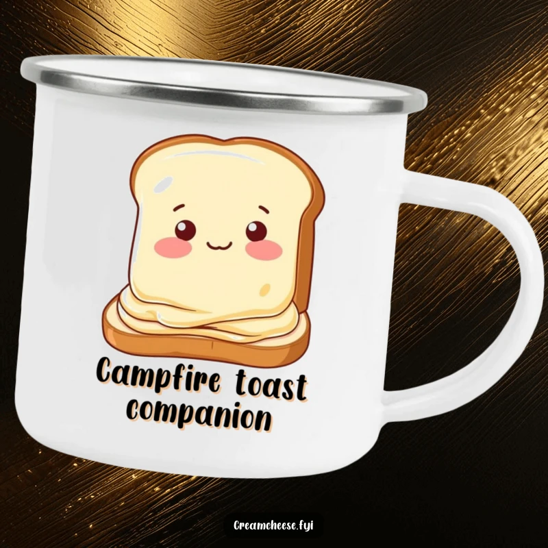 Funny camping mug with a cream cheese slice winking playfully on toast, adding humor to outdoor experiences.