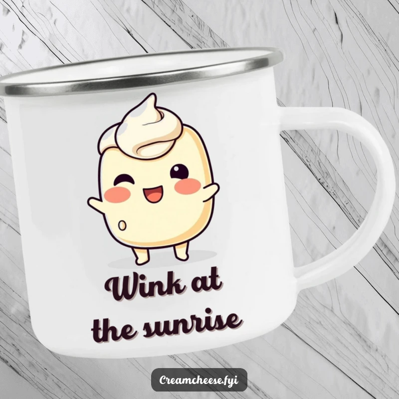Funny Camping Mug showing a playful cream cheese character attempting a wink, perfect for humorous outdoor drinks with spreadable charm.