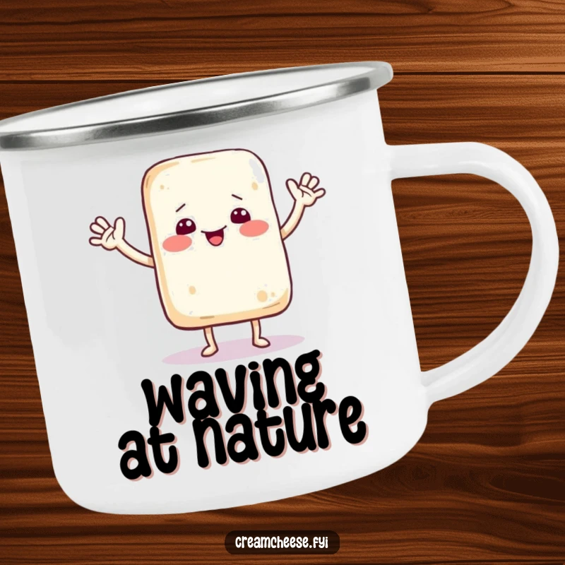 Funny camping mug showing a happy cream cheese bag character dancing and waving, perfect for outdoor enthusiasts who love cartoon humor.