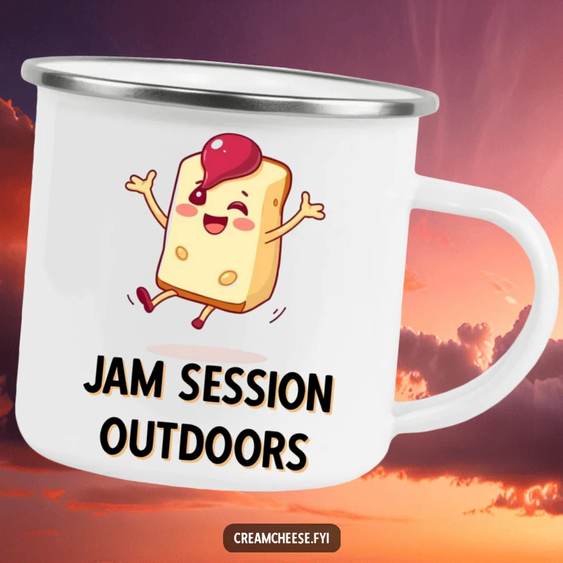 Funny cream cheese slice cartwheeling with jam on a durable camping mug, bringing smiles to outdoors.