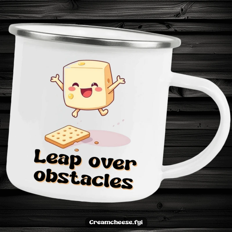 Funny cream cheese wedge leaping over a cracker on a durable camping mug, bringing smiles outdoors.