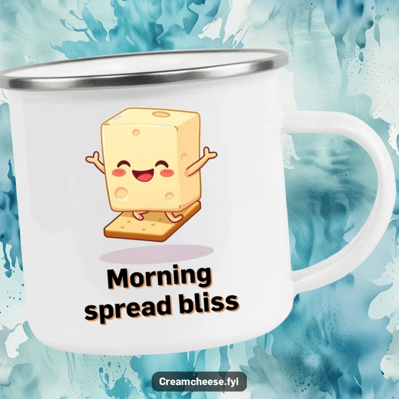 Funny Cream Cheese Hop Camping Mug: A smiling cream cheese block hops gleefully on a cracker, ready for the trail.