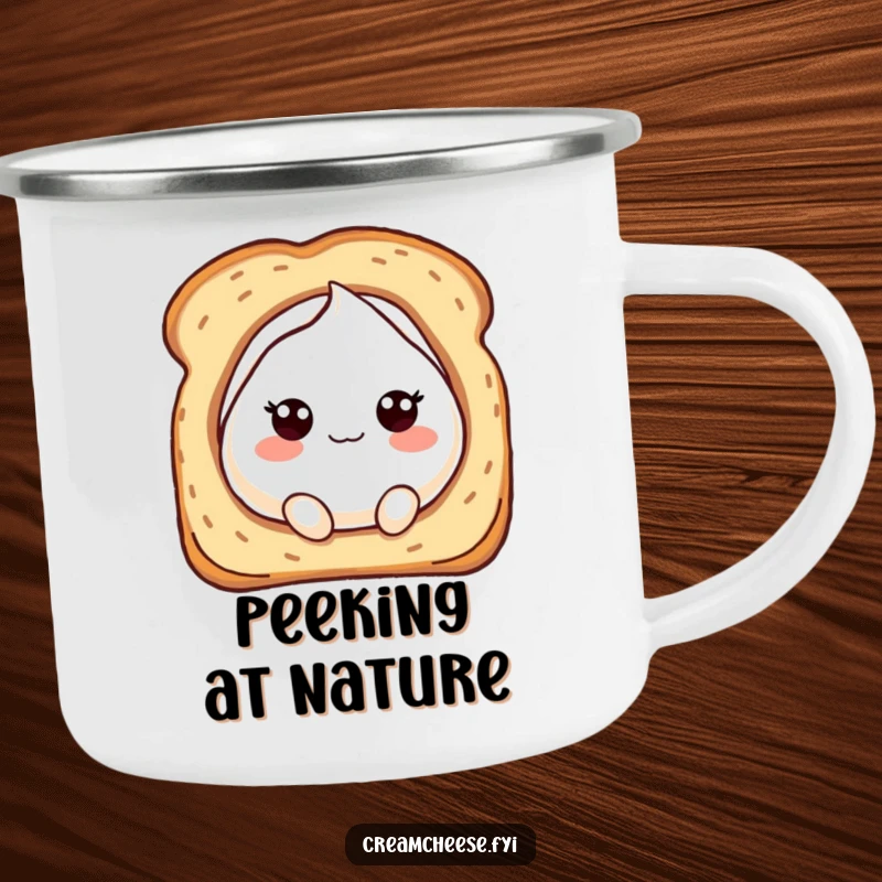 Funny camping mug with a bubbly cream cheese character peeking from a toasted bread hole, perfect for outdoor humor.