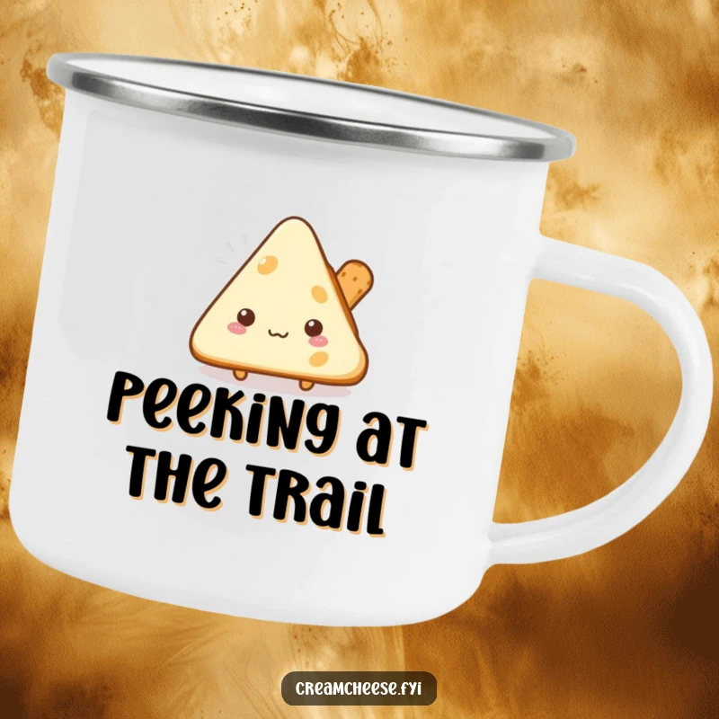 Funny shy cream cheese triangle camping mug peeking from behind a breadstick, for quiet outdoor moments.