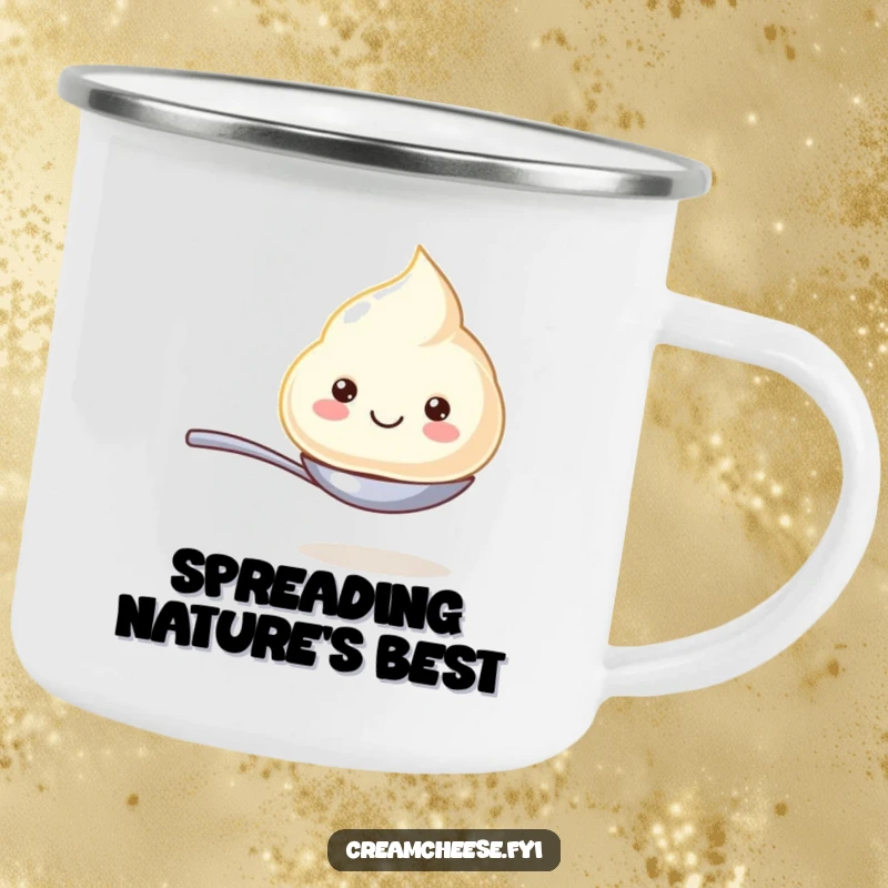 Funny camping mug featuring a beaming cream cheese dollop balancing on a tiny spoon, perfect for enjoying beverages outdoors with humor.