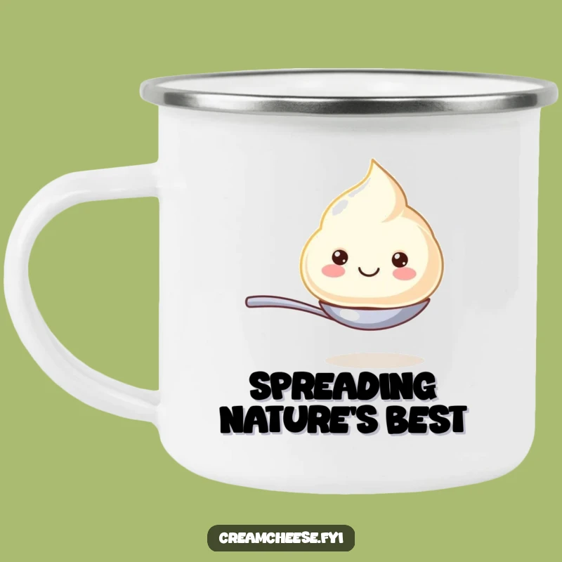 Funny Cream Cheese Dollop Camping Mug: Smiling Spoon Balance, Outdoor Hilarious Drinkware Gift