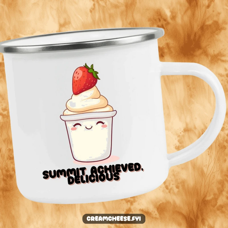 Funny Camping Mug: Giggling cream cheese tub with a strawberry on its lid, perfect for outdoor breakfast lovers.