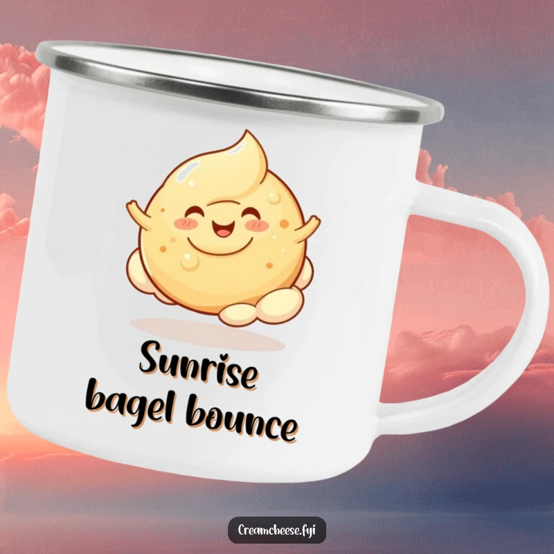 Funny Cream Cheese Blob Bagel Cloud Camping Mug: A cheerful cream cheese blob happily bounces on a bagel cloud, ready for adventure.