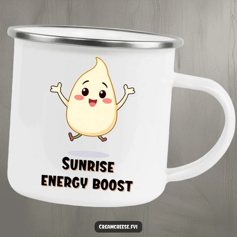 Funny cream cheese dollop camping mug, a happy character doing jumping jacks, bringing cheer to the outdoors.