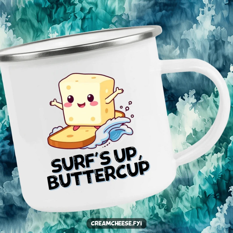 Funny camping mug featuring a happy cream cheese block surfing a toast wave, designed for outdoor enthusiasts who appreciate breakfast and adventure.