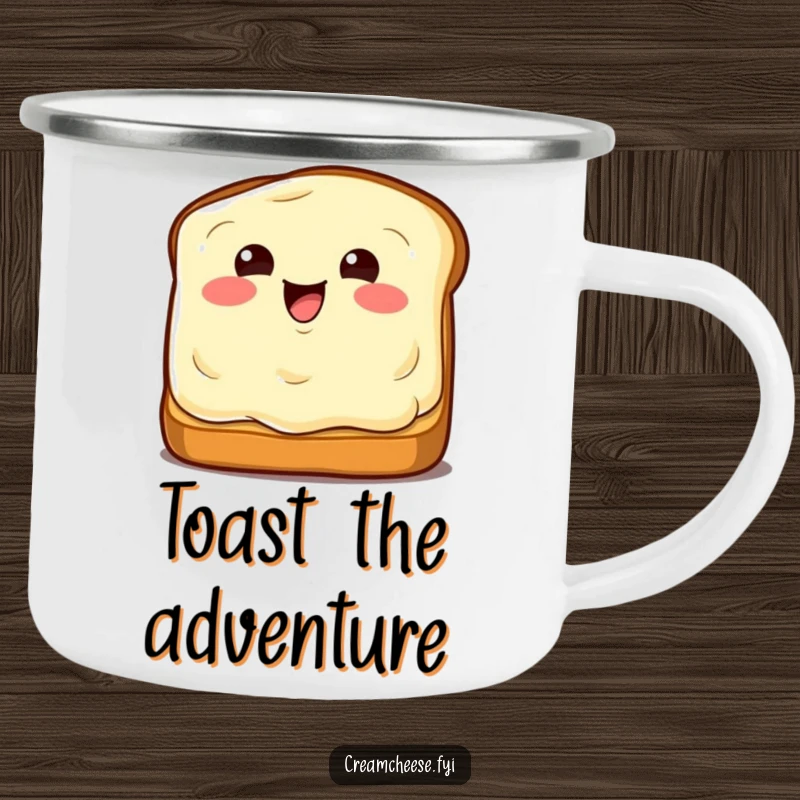 Funny Camping Mug: Winking cream cheese wedge on toast, perfect for outdoor breakfast lovers.