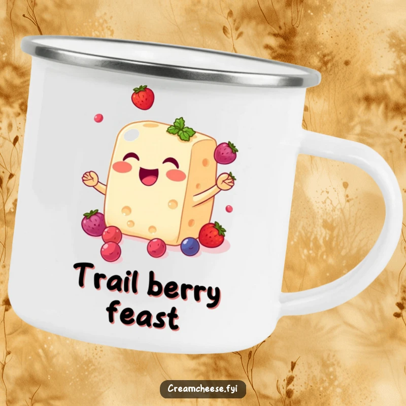 Funny cream cheese block camping mug smiling and joyfully juggling small, sweet berries, durable and ready for adventure.