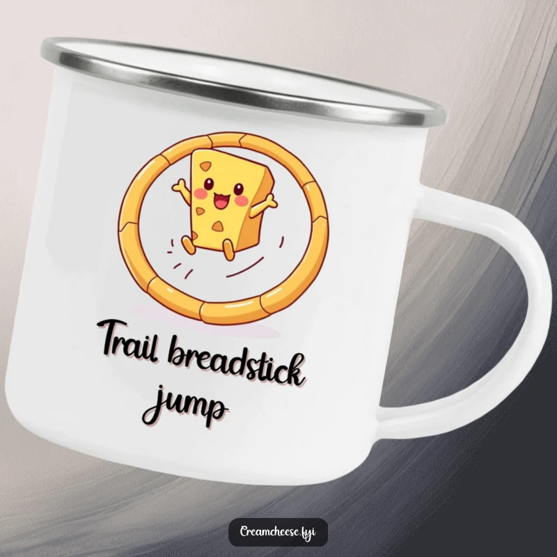Funny camping mug featuring a happy cheese wedge leaping through a breadstick hoop, designed for durability and humorous outdoor enjoyment.